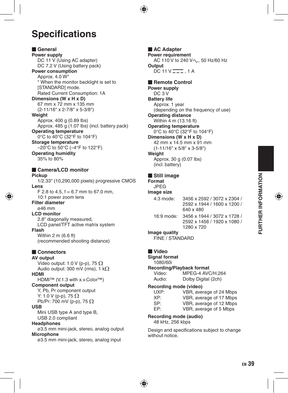 Specifications | JVC Everio GZ-HM400 User Manual | Page 39 / 44