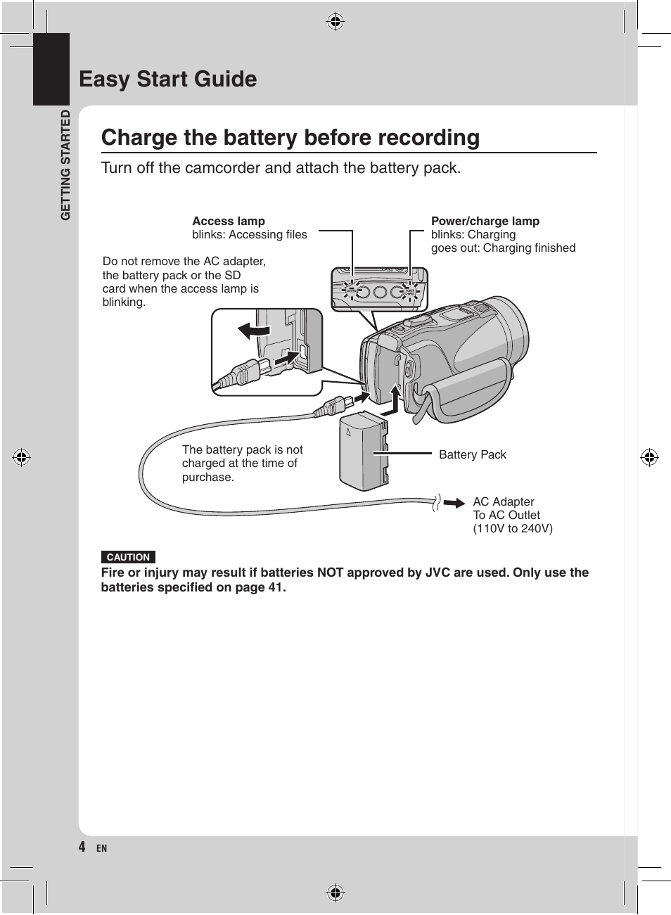 Easy start guide, Charge the battery before recording, Turn off the camcorder and attach the battery pack | JVC Everio GZ-HM400 User Manual | Page 4 / 44