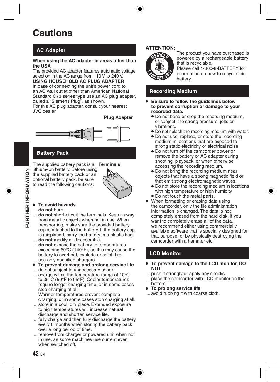 Cautions | JVC Everio GZ-HM400 User Manual | Page 42 / 44