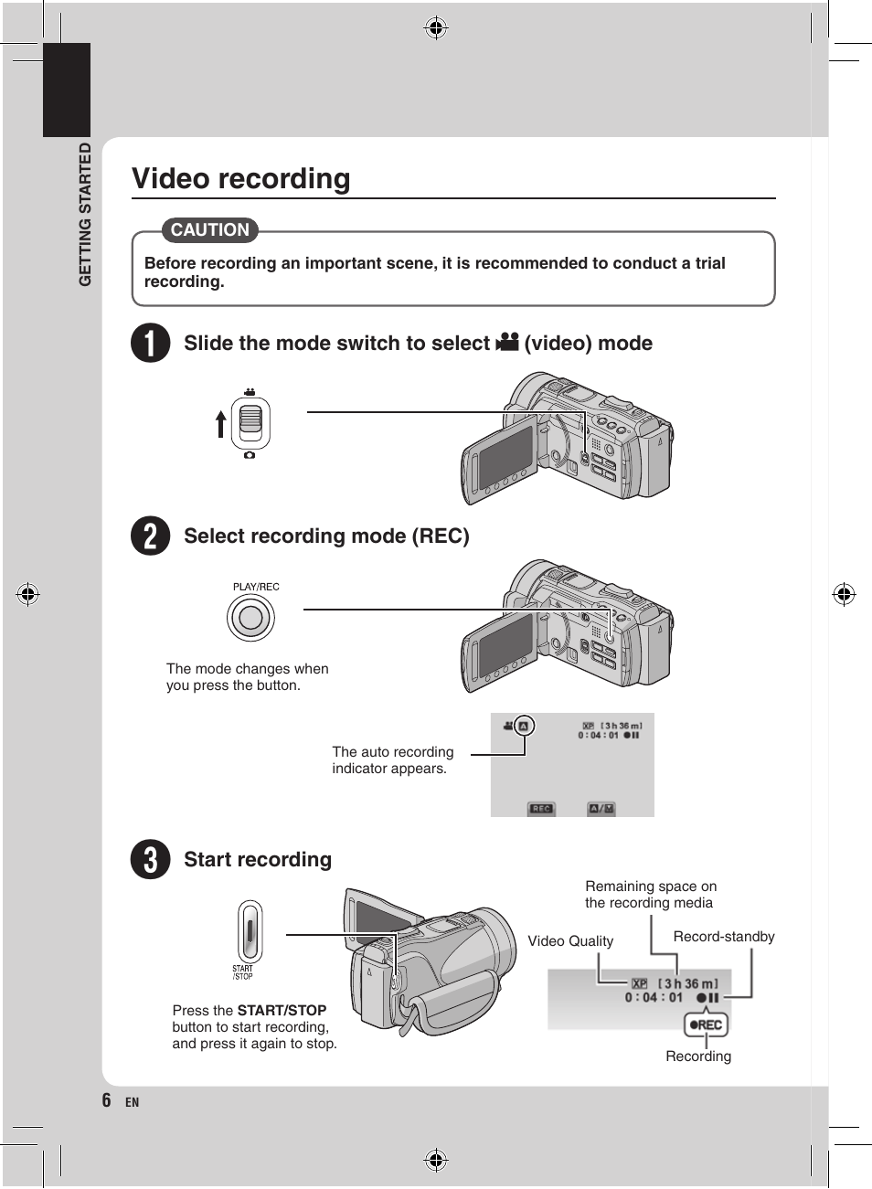 Video recording | JVC Everio GZ-HM400 User Manual | Page 6 / 44