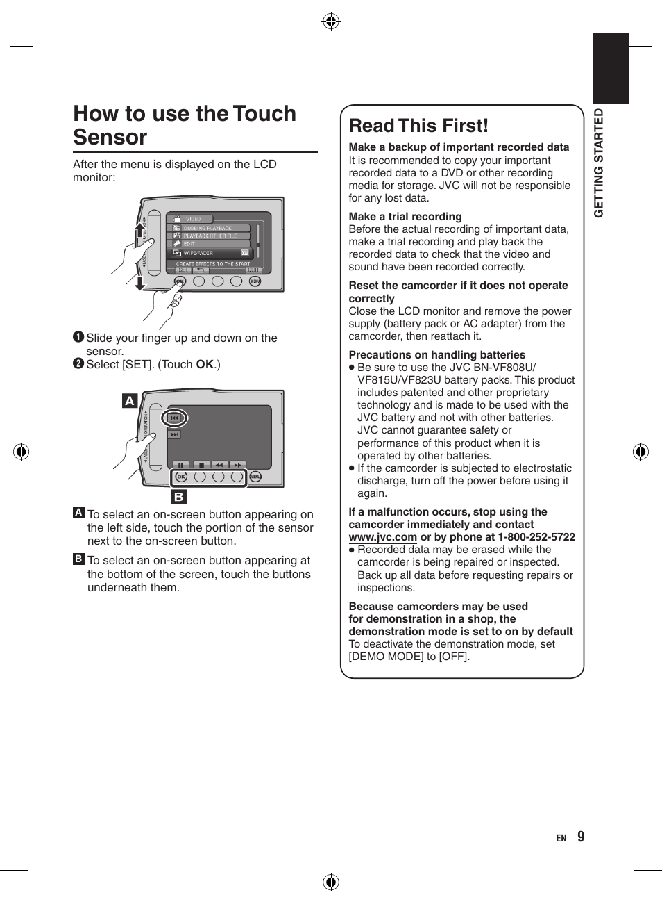 How to use the touch sensor, Read this first | JVC Everio GZ-HM400 User Manual | Page 9 / 44