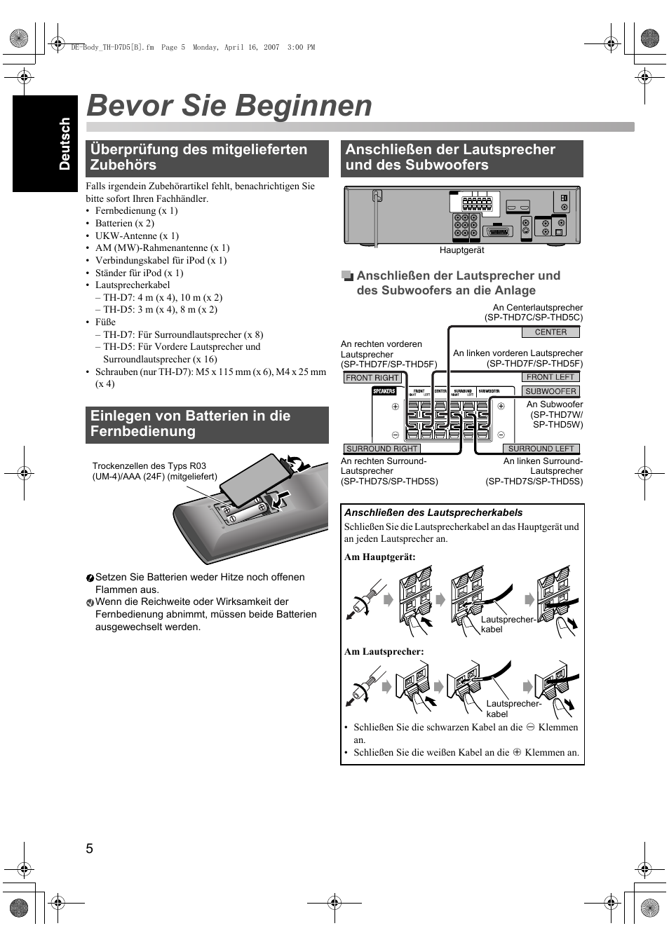 Bevor sie beginnen, Anschließen der lautsprecher und des subwoofers | JVC TH-D7 User Manual | Page 10 / 82