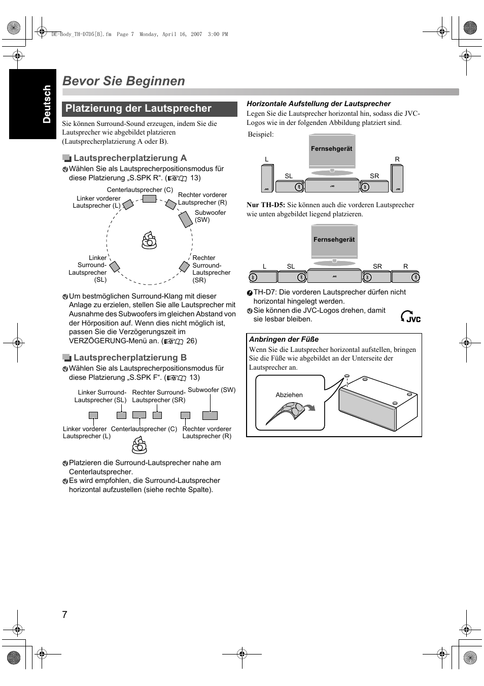 Bevor sie beginnen, Platzierung der lautsprecher, Lautsprecherplatzierung a | Lautsprecherplatzierung b | JVC TH-D7 User Manual | Page 12 / 82