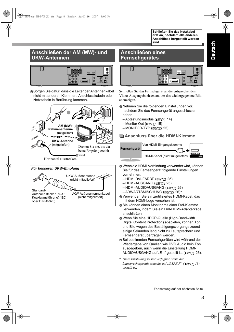 Anschließen der am (mw)- und ukw-antennen, Anschließen eines fernsehgerätes | JVC TH-D7 User Manual | Page 13 / 82