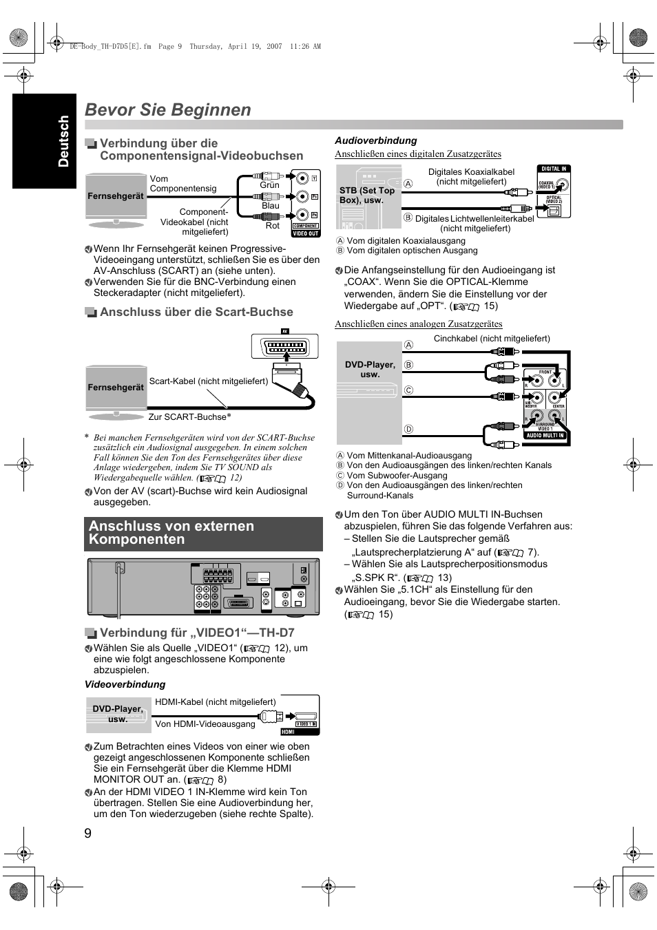 Bevor sie beginnen, Anschluss von externen komponenten, Verbindung über die componentensignal-videobuchsen | Anschluss über die scart-buchse, Verbindung für „video1“—th-d7 | JVC TH-D7 User Manual | Page 14 / 82