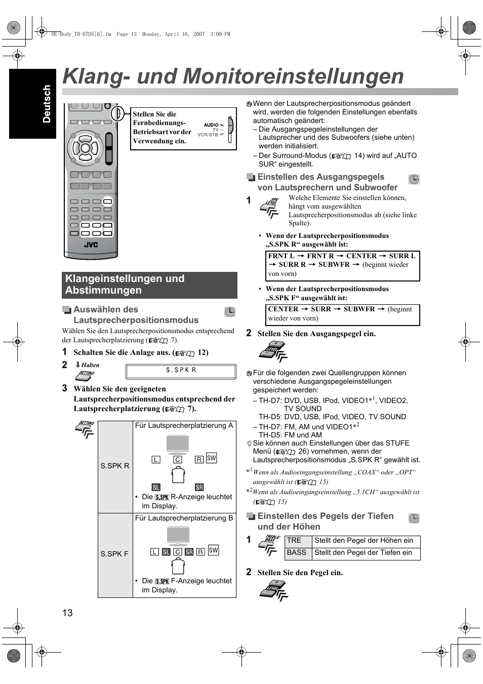 Klang- und monitoreinstellungen, Klangeinstellungen und abstimmungen | JVC TH-D7 User Manual | Page 18 / 82