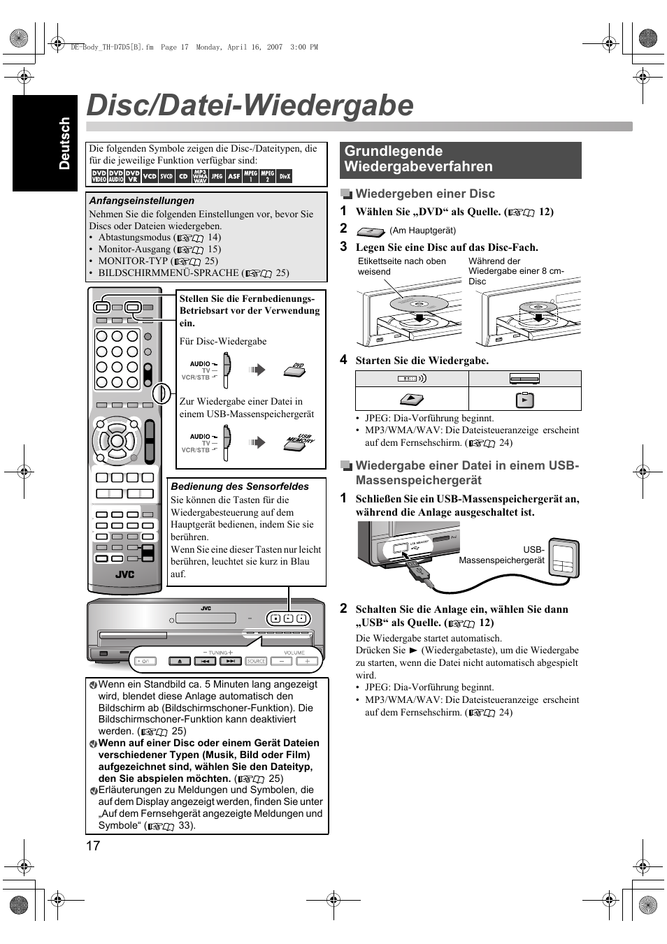 Disc/datei-wiedergabe, Grundlegende wiedergabeverfahren | JVC TH-D7 User Manual | Page 22 / 82