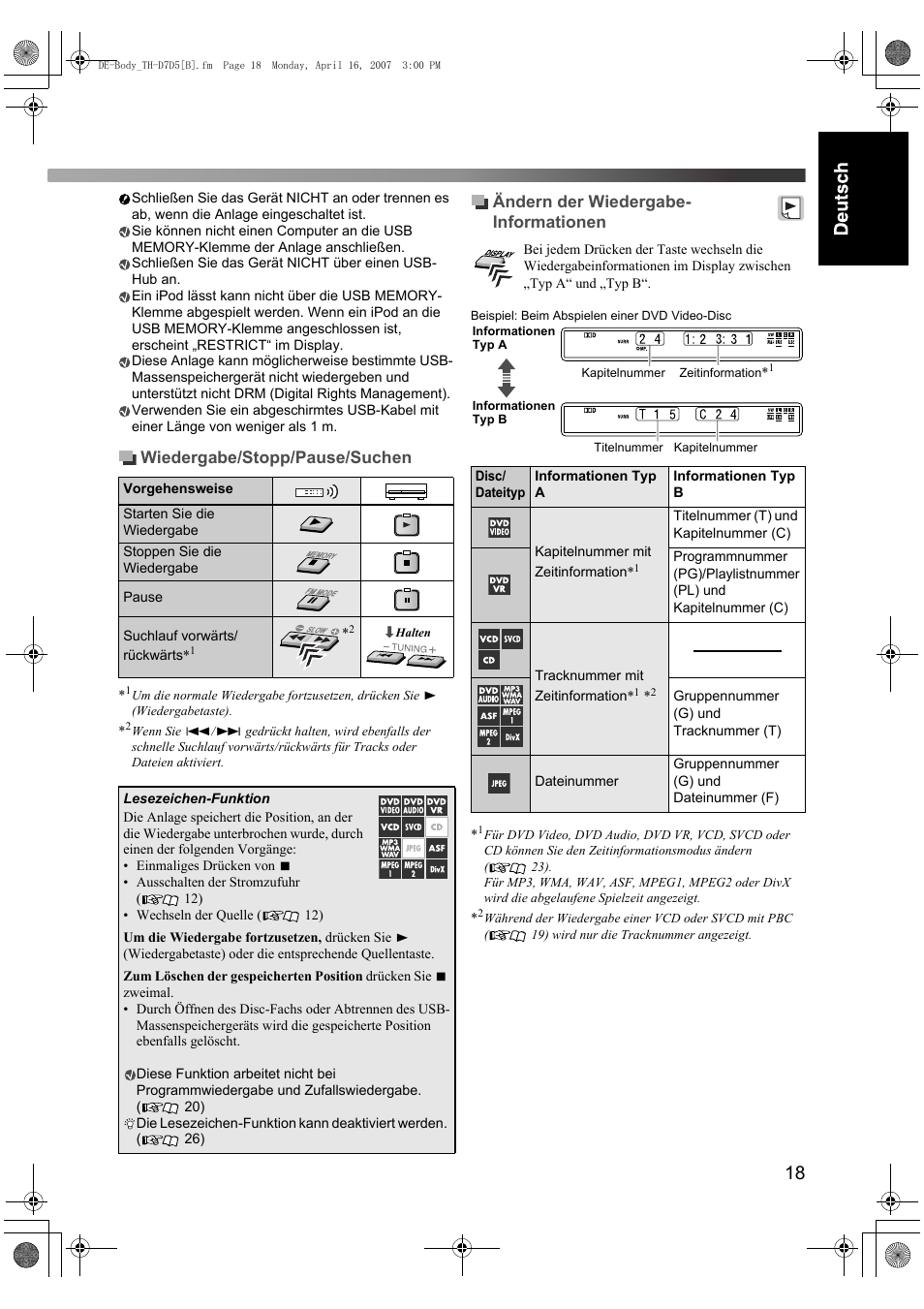 Wiedergabe/stopp/pause/suchen, Ändern der wiedergabe- informationen | JVC TH-D7 User Manual | Page 23 / 82