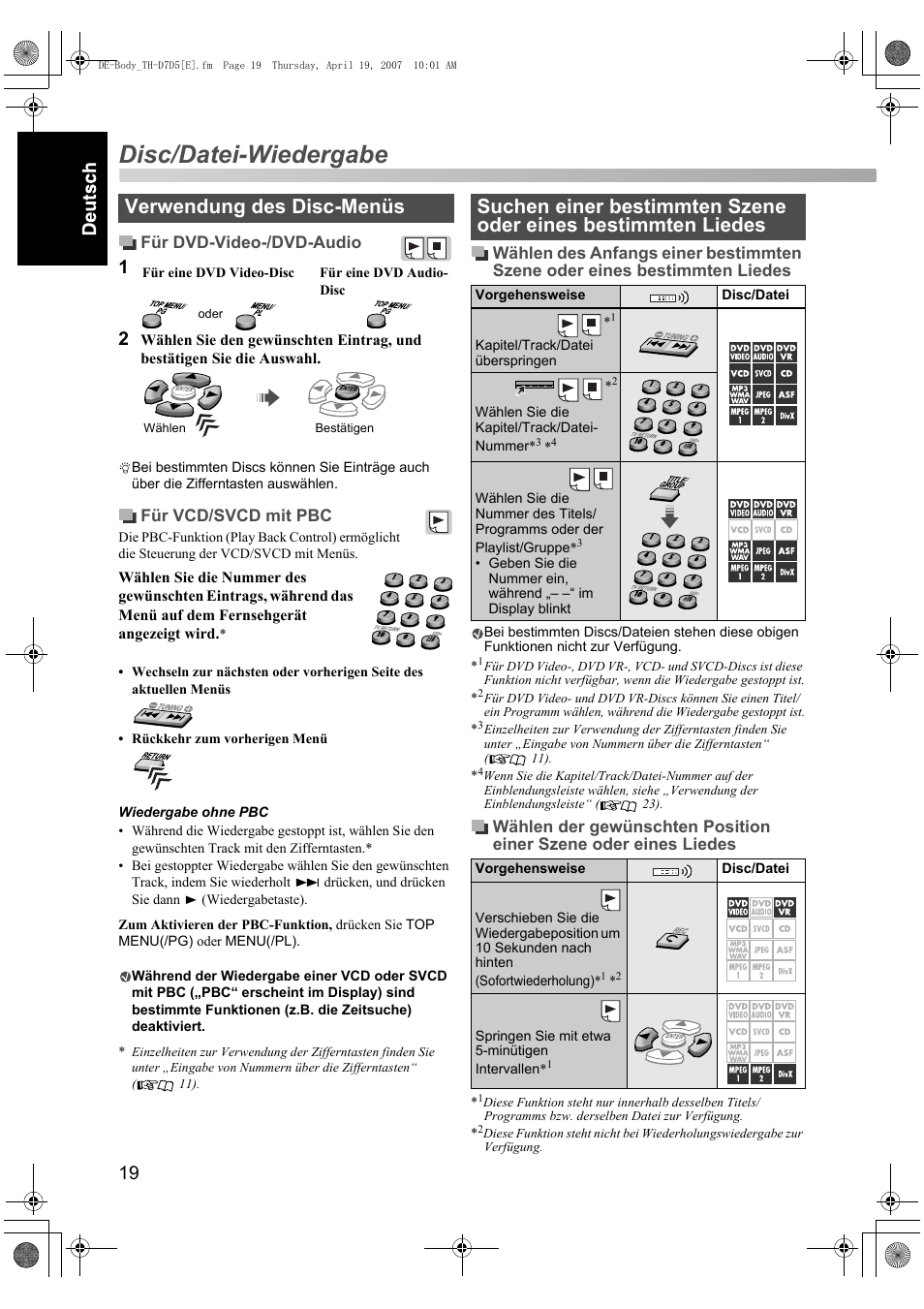 Disc/datei-wiedergabe, Verwendung des disc-menüs | JVC TH-D7 User Manual | Page 24 / 82