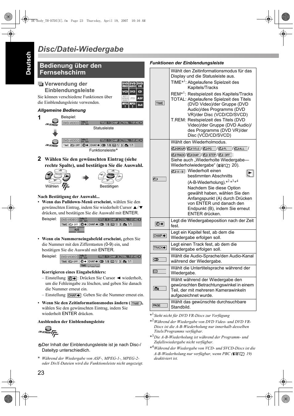 Disc/datei-wiedergabe, Bedienung über den fernsehschirm | JVC TH-D7 User Manual | Page 28 / 82