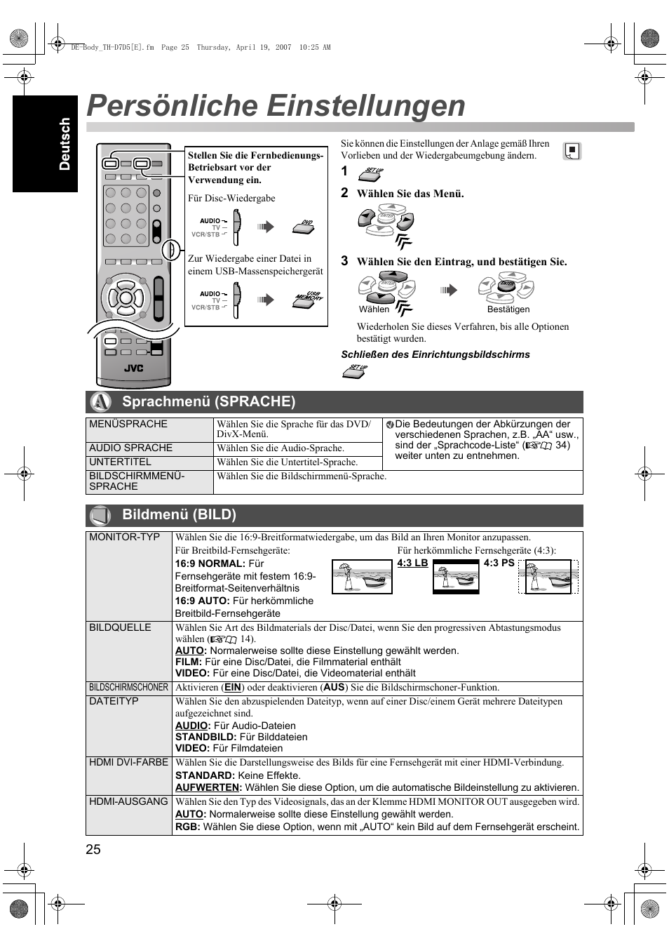 Persönliche einstellungen, Sprachmenü (sprache), Bildmenü (bild) | JVC TH-D7 User Manual | Page 30 / 82