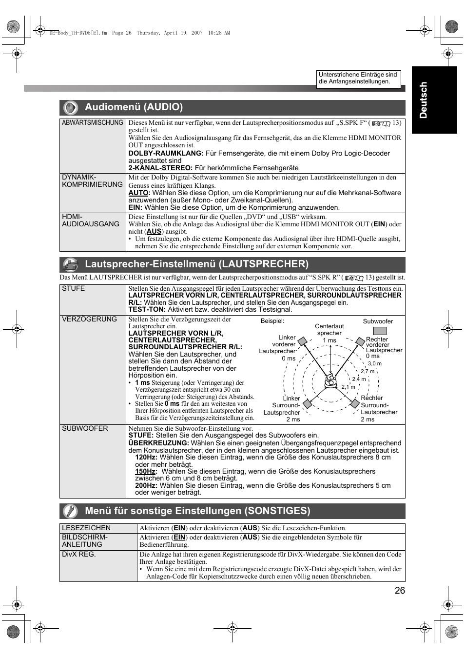 Audiomenü (audio), Lautsprecher-einstellmenü (lautsprecher), Menü für sonstige einstellungen (sonstiges) | JVC TH-D7 User Manual | Page 31 / 82