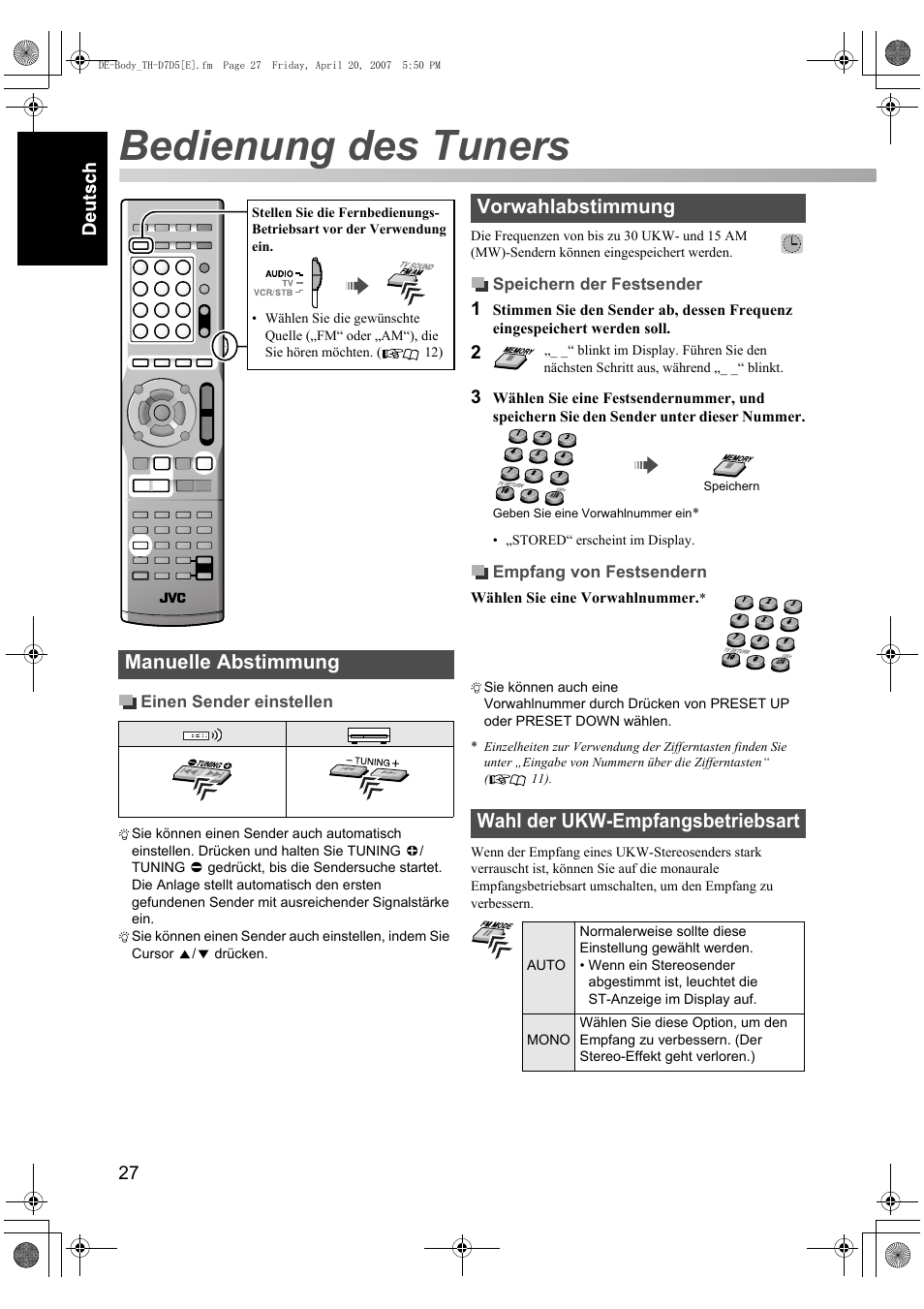 Bedienung des tuners, Manuelle abstimmung, Vorwahlabstimmung wahl der ukw-empfangsbetriebsart | JVC TH-D7 User Manual | Page 32 / 82