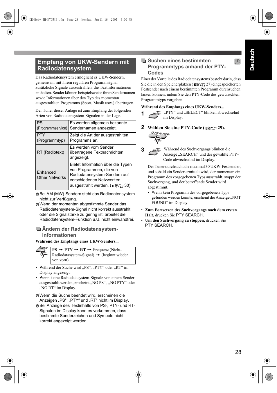 Empfang von ukw-sendern mit radiodatensystem | JVC TH-D7 User Manual | Page 33 / 82