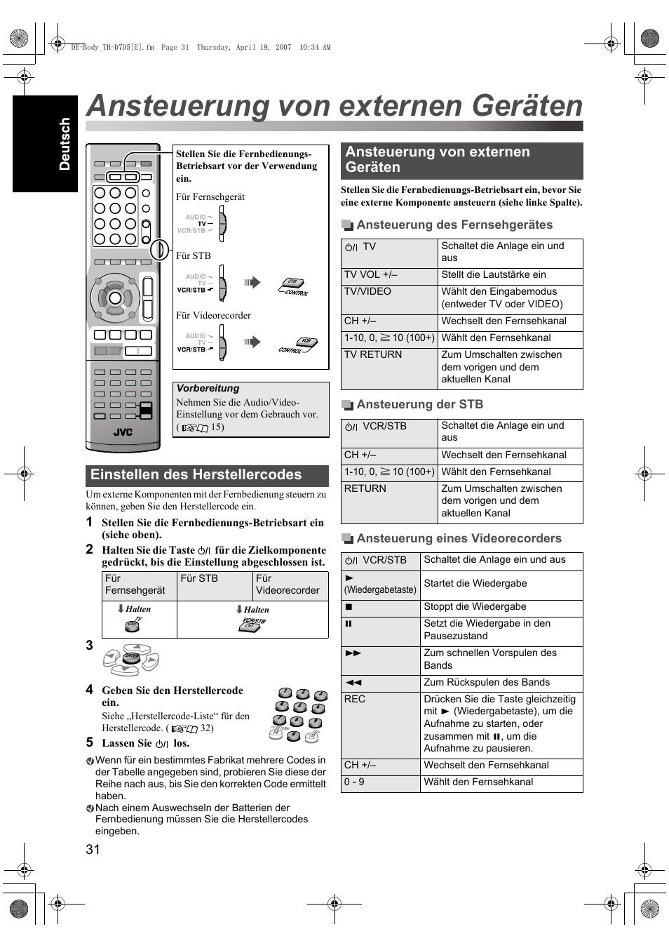 Einstellen des herstellercodes, Ansteuerung von externen geräten | JVC TH-D7 User Manual | Page 36 / 82