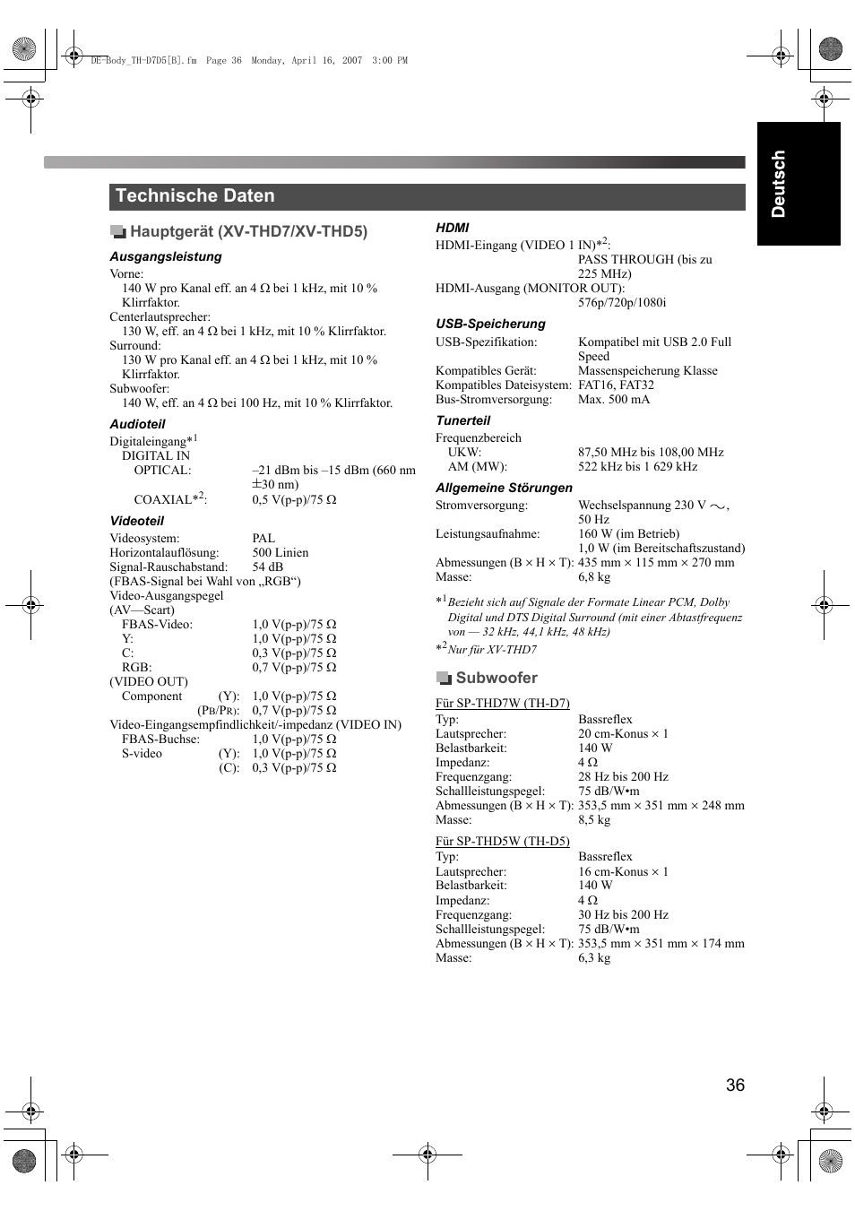 Technische daten | JVC TH-D7 User Manual | Page 41 / 82