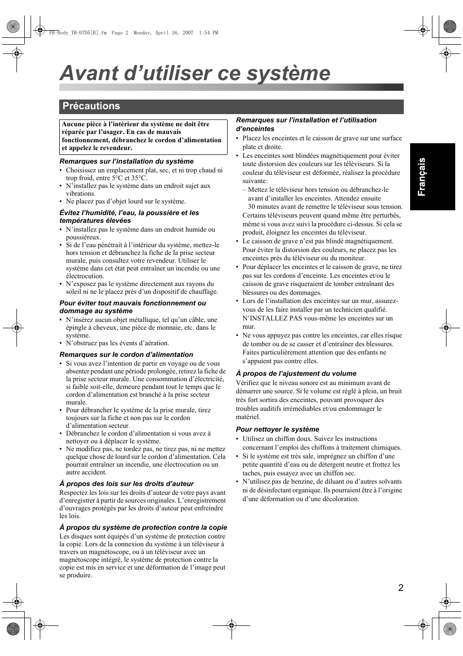 Avant d’utiliser ce système, Précautions | JVC TH-D7 User Manual | Page 45 / 82