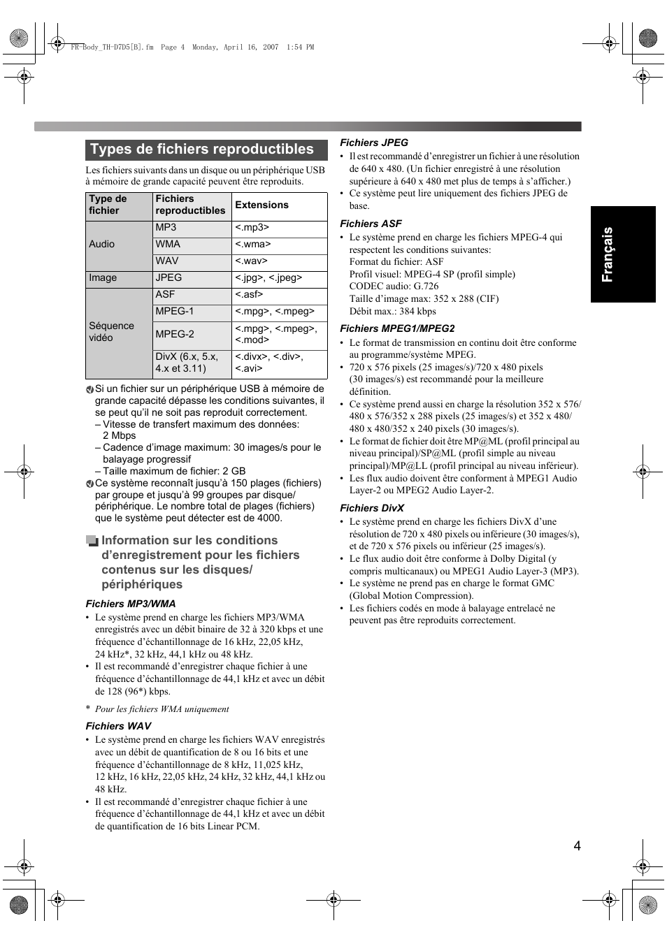 Types de fichiers reproductibles | JVC TH-D7 User Manual | Page 47 / 82