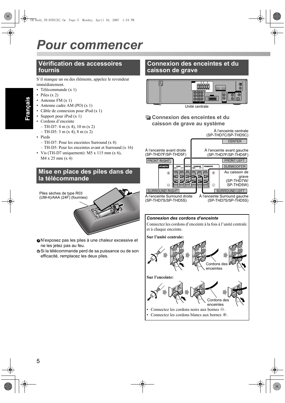 Pour commencer, Connexion des enceintes et du caisson de grave | JVC TH-D7 User Manual | Page 48 / 82
