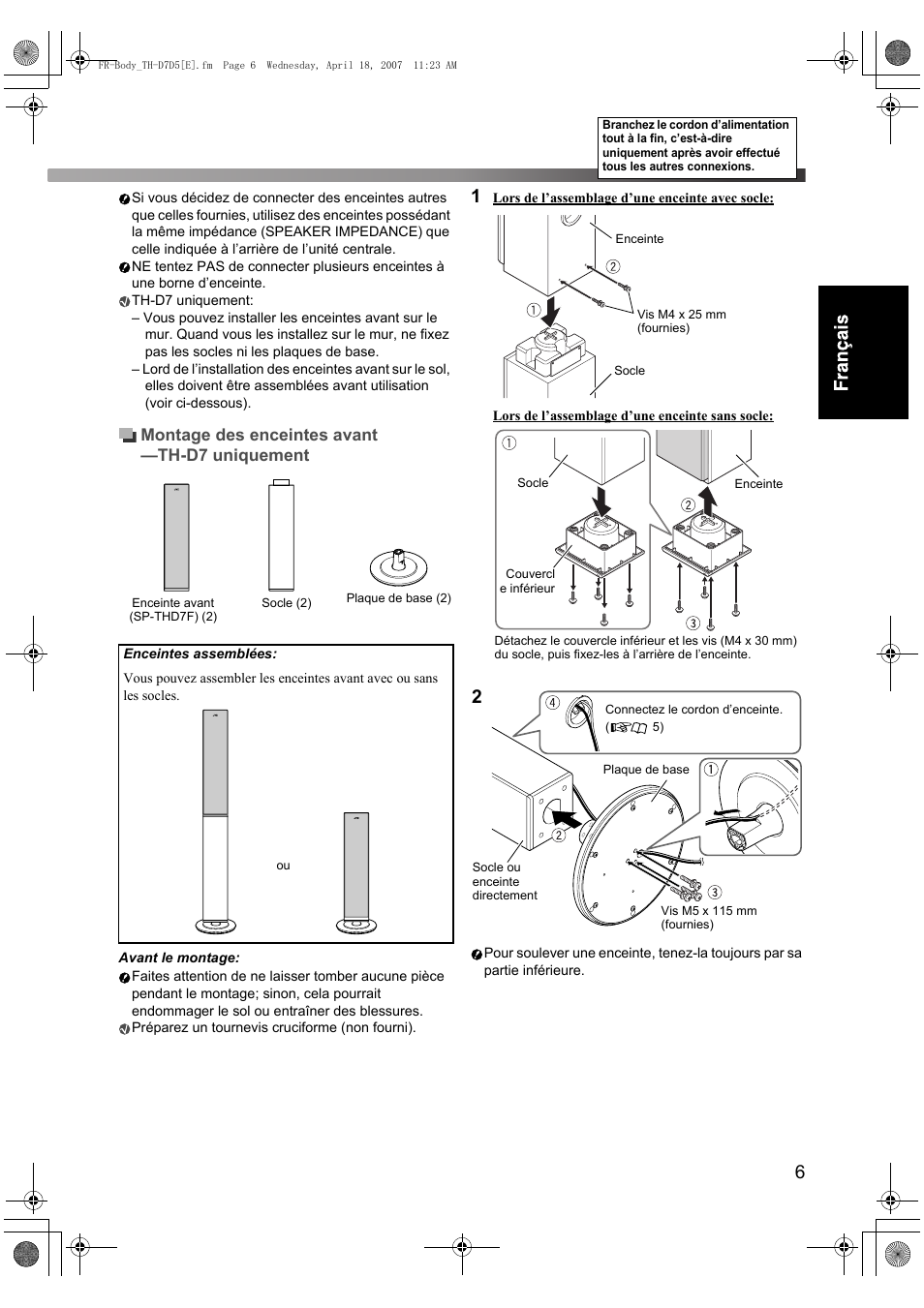 Montage des enceintes avant —th-d7 uniquement | JVC TH-D7 User Manual | Page 49 / 82