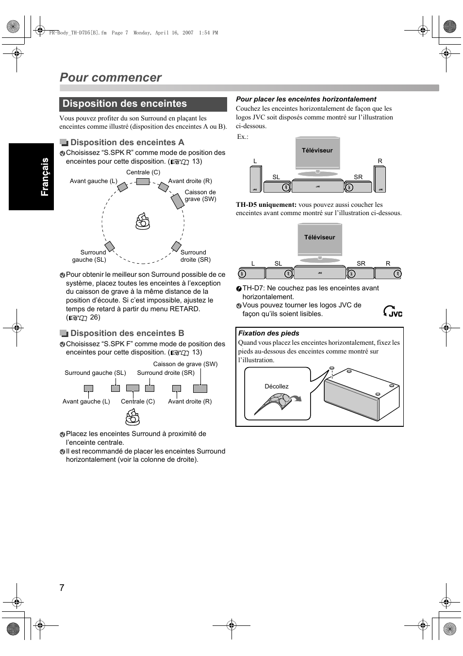 Pour commencer, Disposition des enceintes, Disposition des enceintes a | Disposition des enceintes b | JVC TH-D7 User Manual | Page 50 / 82