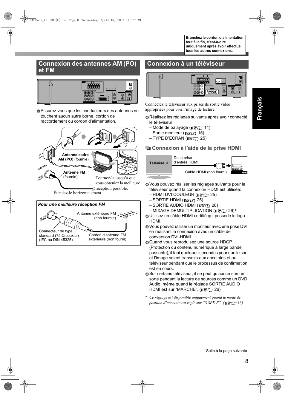 Connexion des antennes am (po) et fm, Connexion à un téléviseur | JVC TH-D7 User Manual | Page 51 / 82