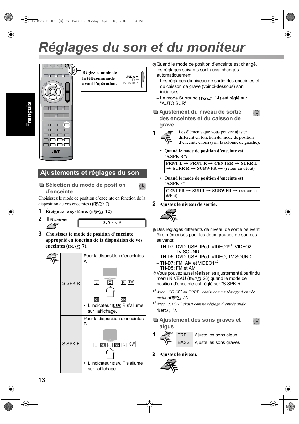 Réglages du son et du moniteur, Ajustements et réglages du son | JVC TH-D7 User Manual | Page 56 / 82