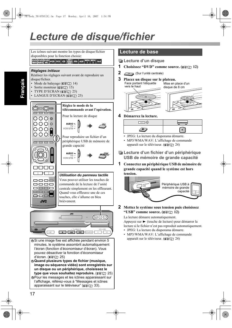 Lecture de disque/fichier, Lecture de base | JVC TH-D7 User Manual | Page 60 / 82