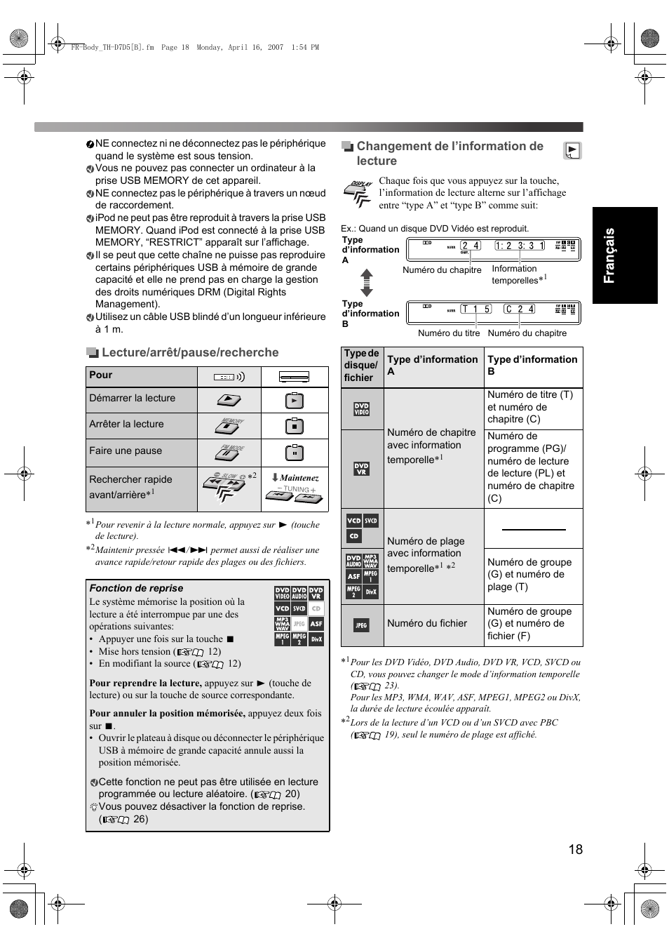 Lecture/arrêt/pause/recherche, Changement de l’information de lecture | JVC TH-D7 User Manual | Page 61 / 82