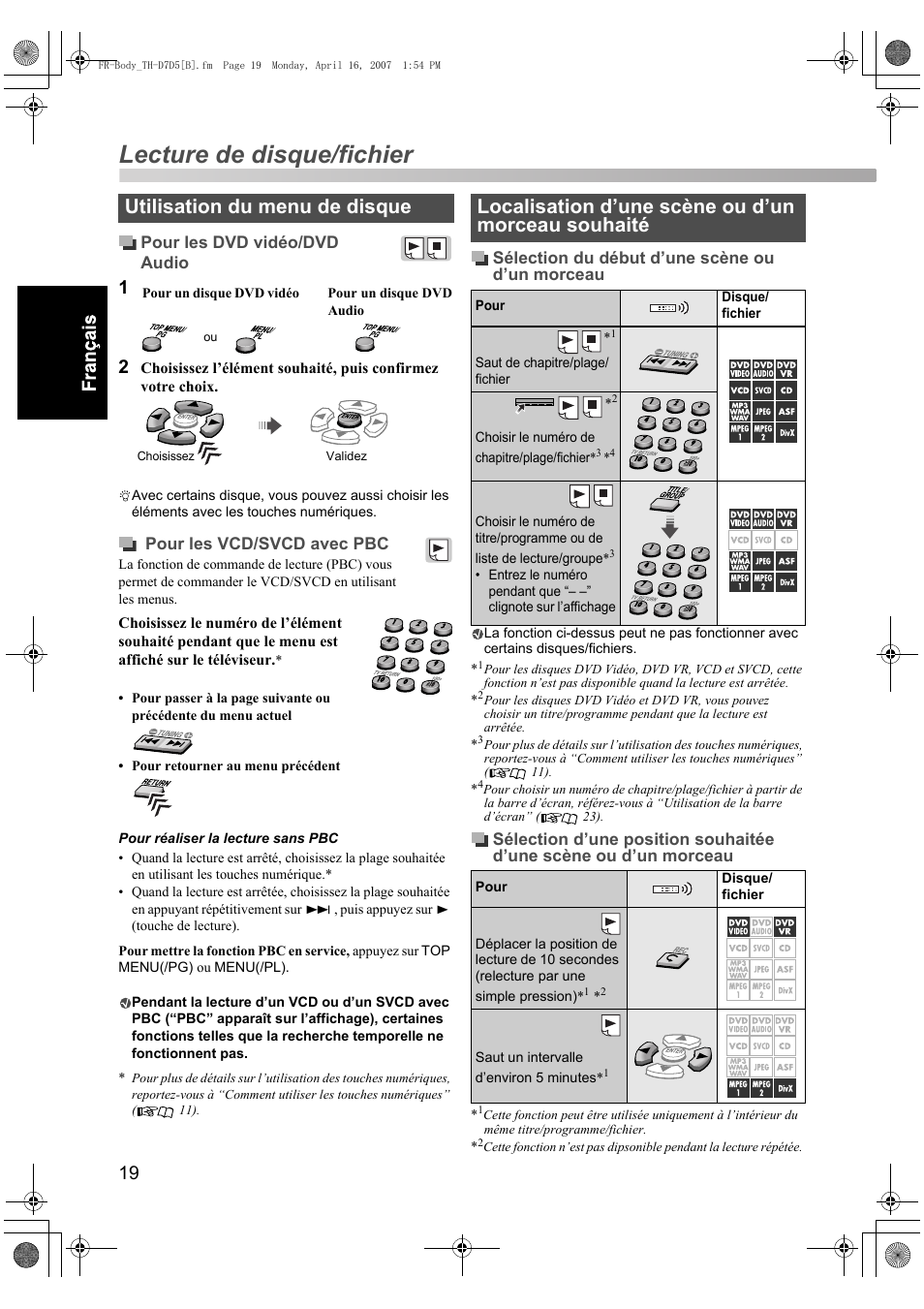 Lecture de disque/fichier, Utilisation du menu de disque, Localisation d’une scène ou d’un morceau souhaité | JVC TH-D7 User Manual | Page 62 / 82