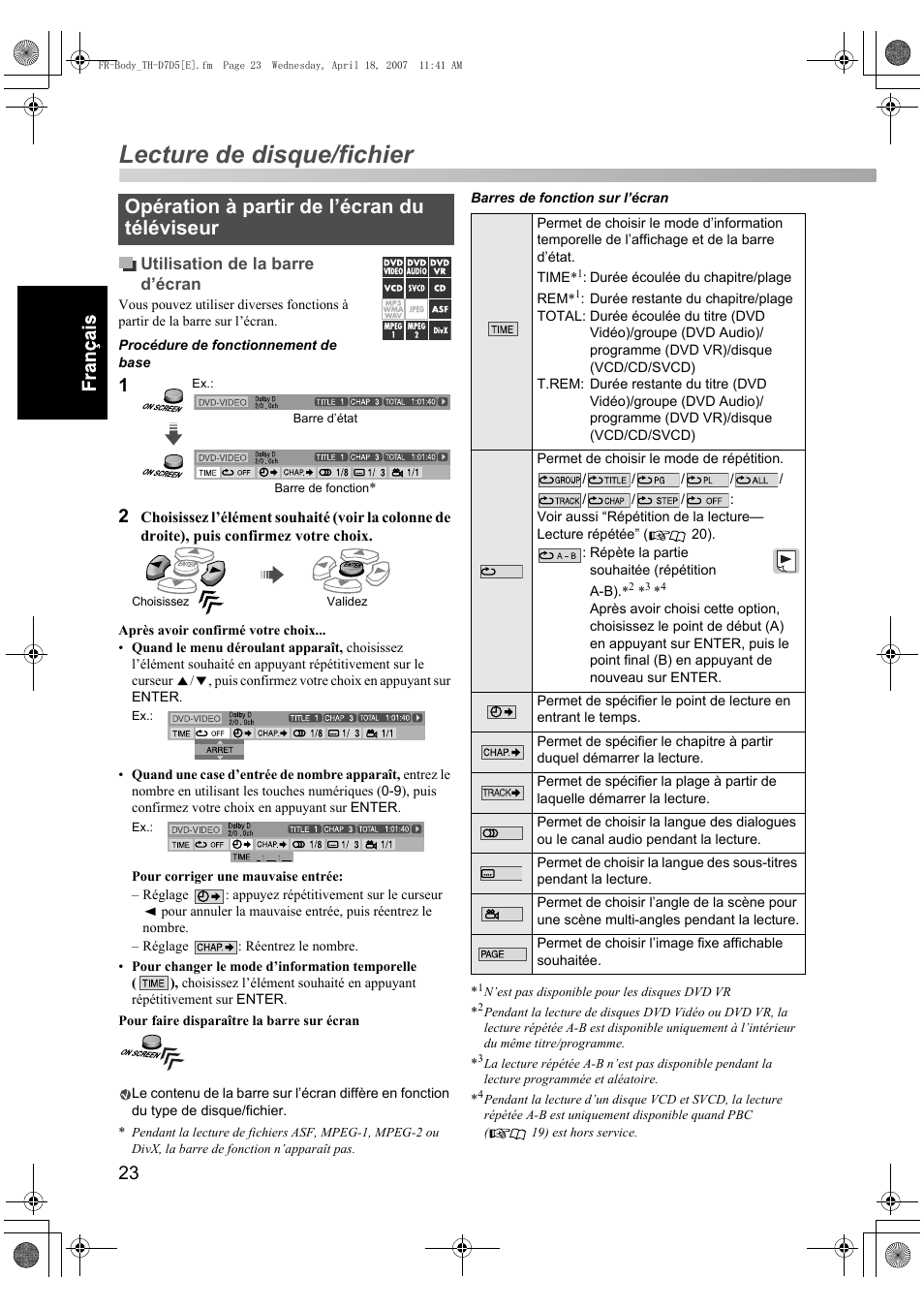 Lecture de disque/fichier, Opération à partir de l’écran du téléviseur | JVC TH-D7 User Manual | Page 66 / 82