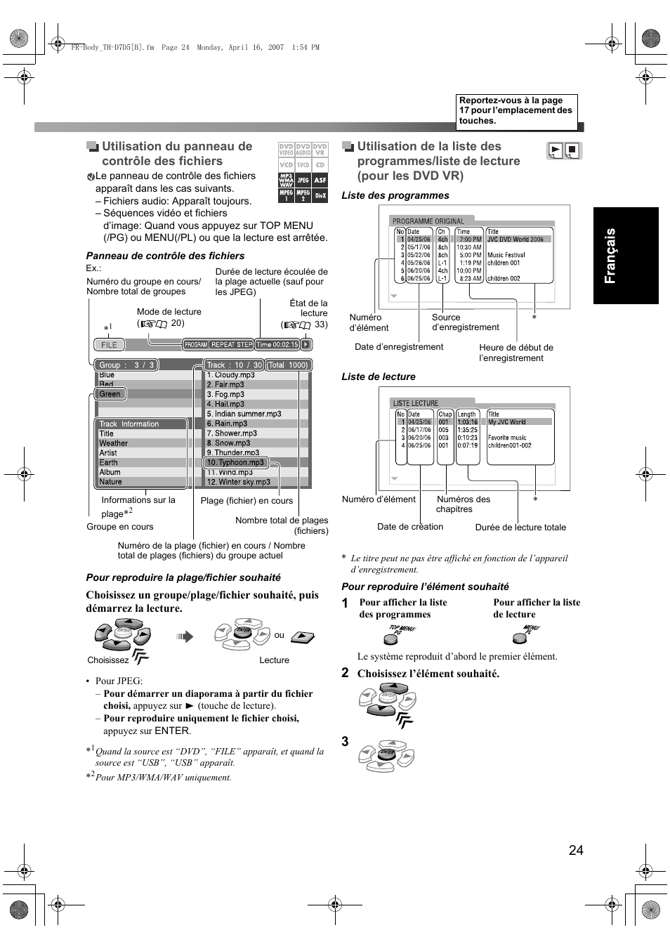 Utilisation du panneau de contrôle des fichiers | JVC TH-D7 User Manual | Page 67 / 82