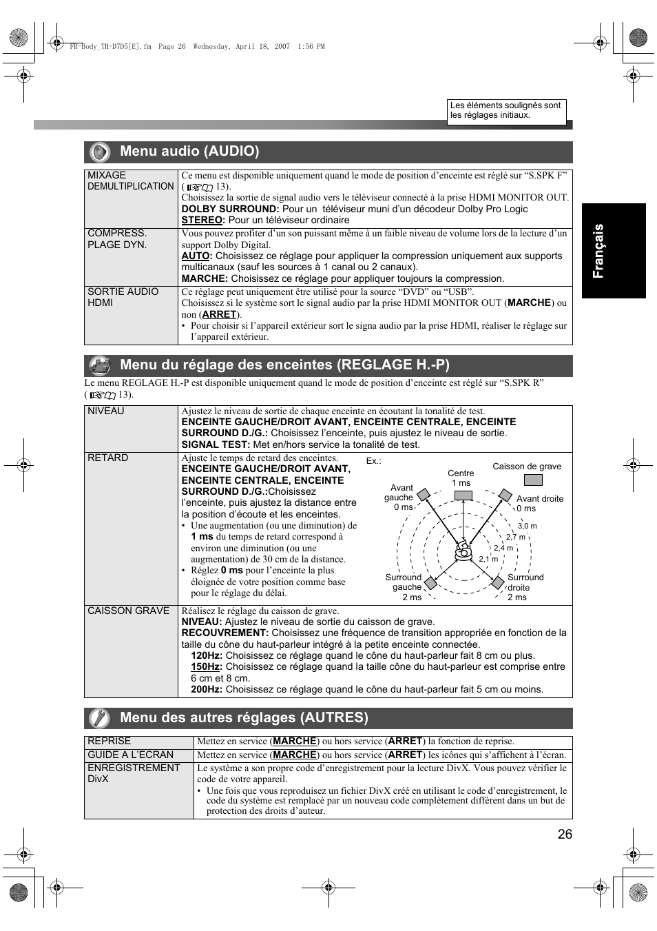 Menu audio (audio), Menu du réglage des enceintes (reglage h.-p), Menu des autres réglages (autres) | JVC TH-D7 User Manual | Page 69 / 82