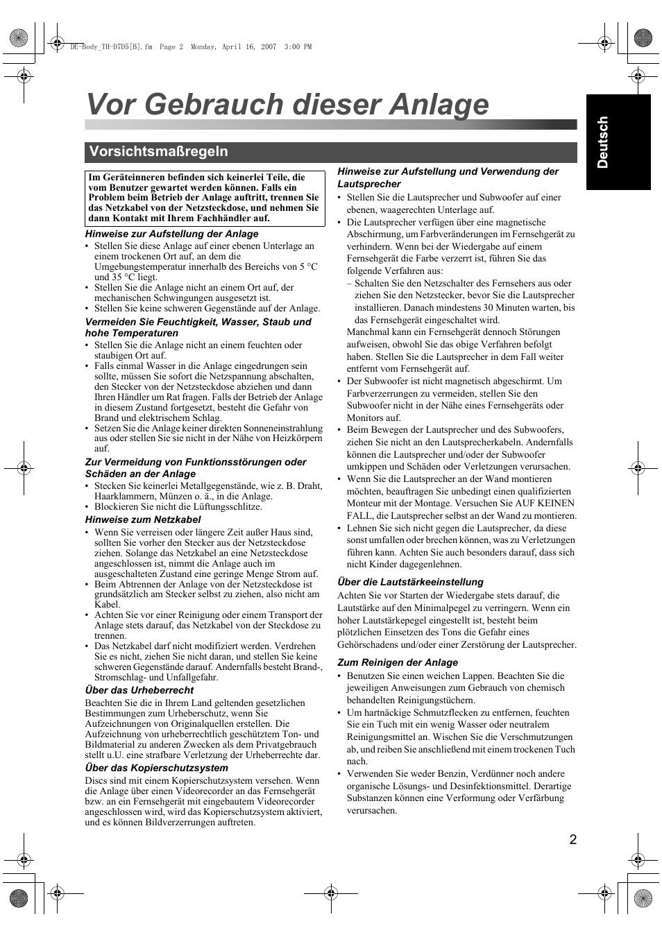 Vor gebrauch dieser anlage, Vorsichtsmaßregeln | JVC TH-D7 User Manual | Page 7 / 82