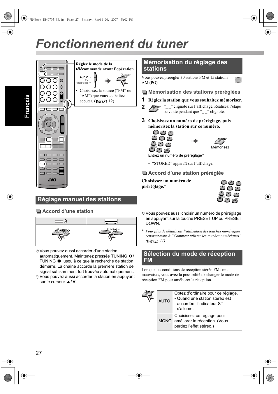 Fonctionnement du tuner, Réglage manuel des stations | JVC TH-D7 User Manual | Page 70 / 82