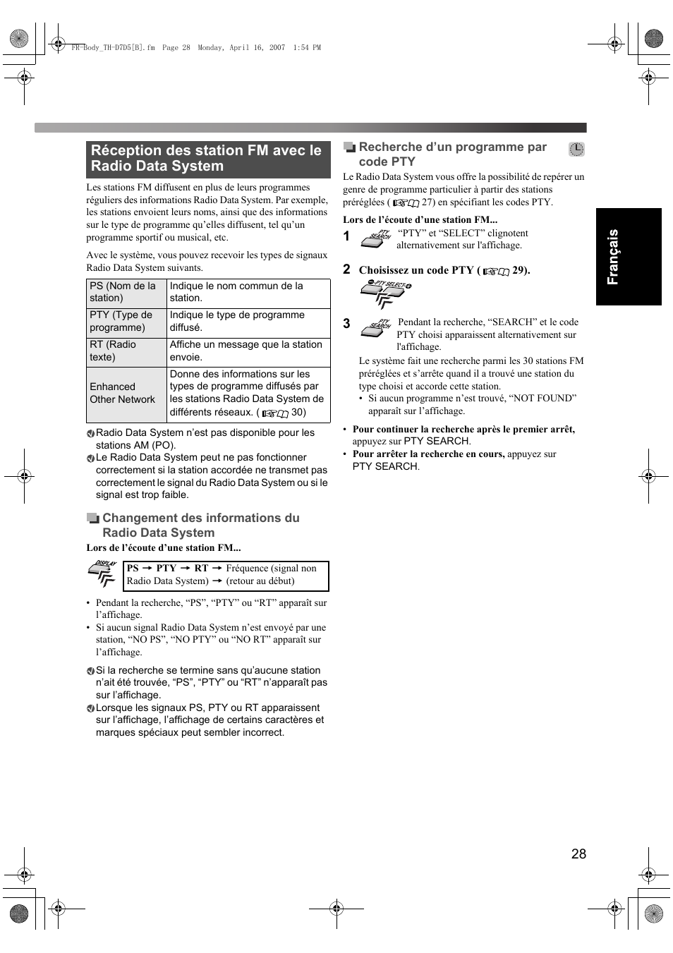 Réception des station fm avec le radio data system | JVC TH-D7 User Manual | Page 71 / 82