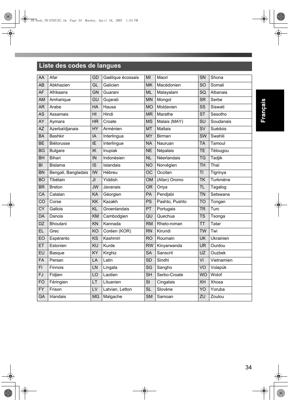 Liste des codes de langues | JVC TH-D7 User Manual | Page 77 / 82