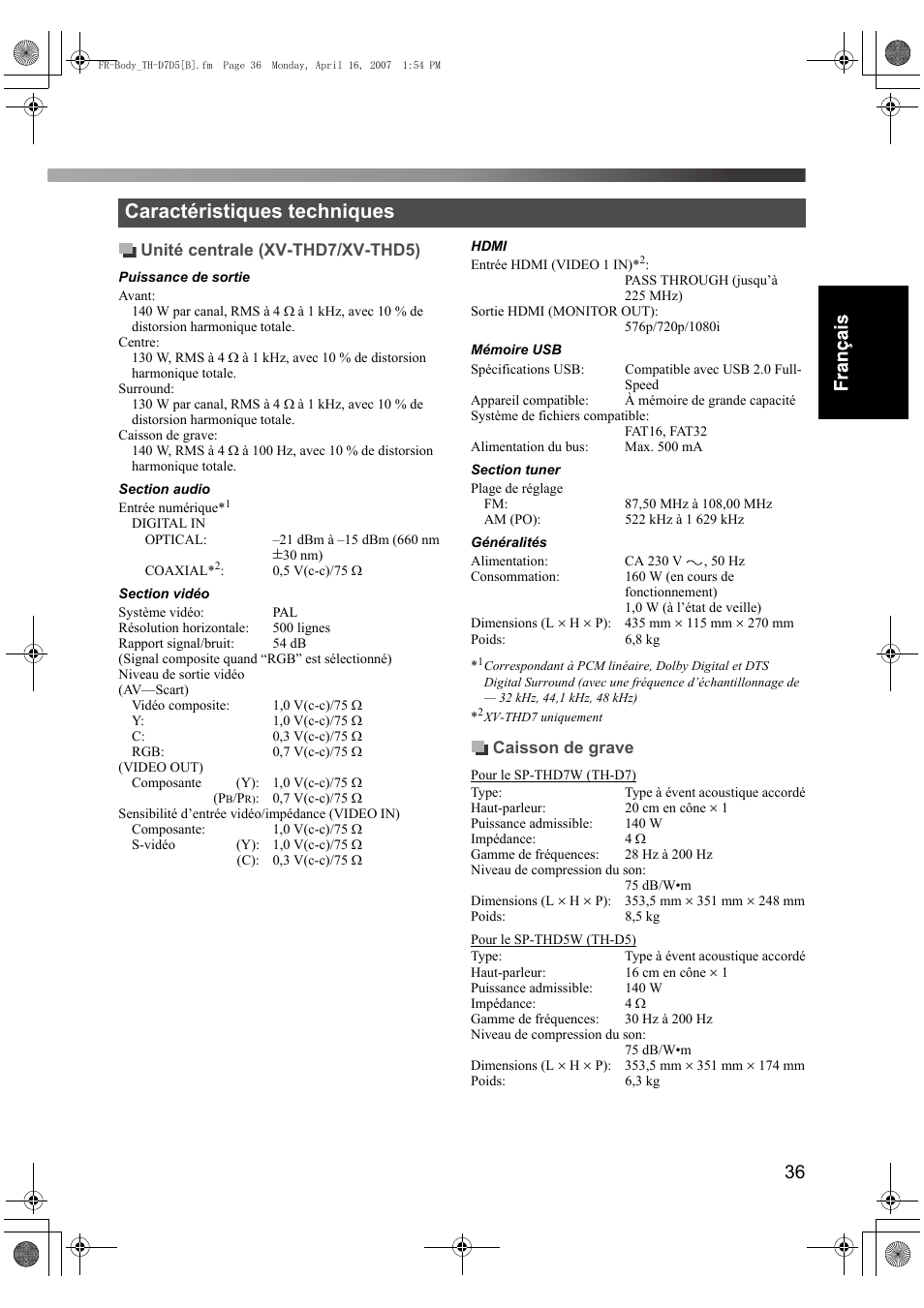 Caractéristiques techniques | JVC TH-D7 User Manual | Page 79 / 82