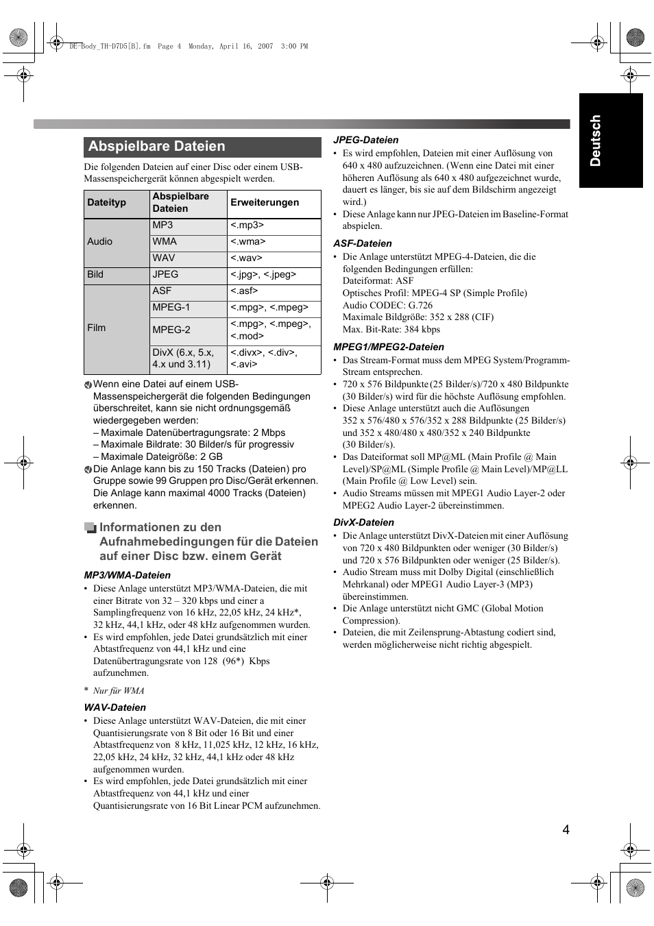 Abspielbare dateien | JVC TH-D7 User Manual | Page 9 / 82