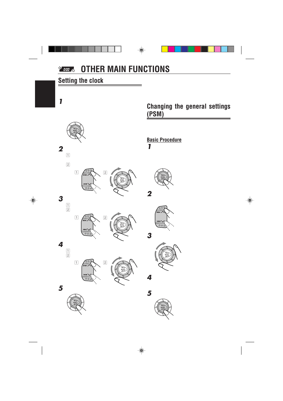 Other main functions, Setting the clock, Changing the general settings (psm) | JVC KS-FX922R User Manual | Page 22 / 40