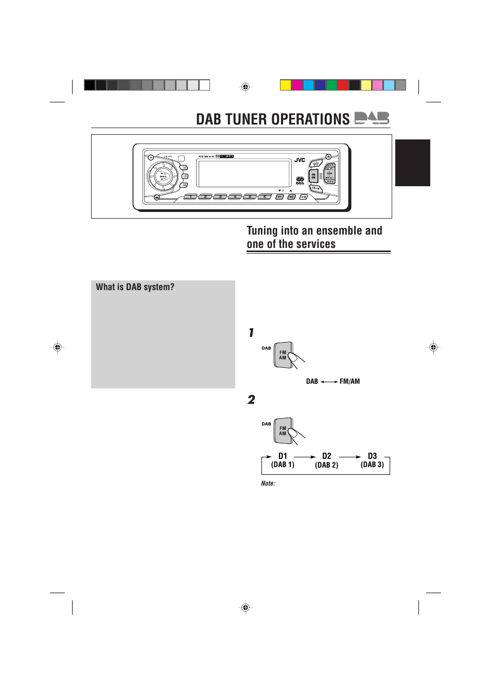 Dab tuner operations, Tuning into an ensemble and one of the services, What is dab system | English, D1 d2 d3 | JVC KS-FX922R User Manual | Page 29 / 40