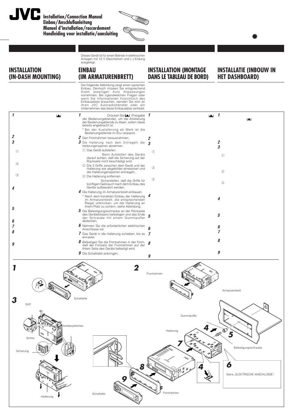 Installation, Installation (in-dash mounting), Einbau (im armaturenbrett) | Installation (montage dans le tableau de bord), Installatie (inbouw in het dashboard) | JVC KS-FX922R User Manual | Page 37 / 40