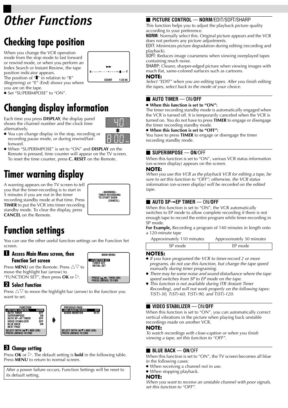 Other functions, Checking tape position, Changing display information | Timer warning display, Function settings, Access main menu screen, then function set screen, Select function, Change setting | JVC HR-J695U User Manual | Page 12 / 16