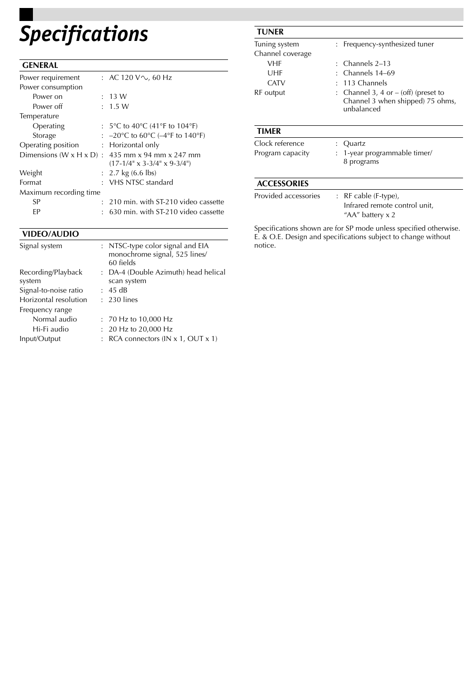 Specifications | JVC HR-J695U User Manual | Page 14 / 16