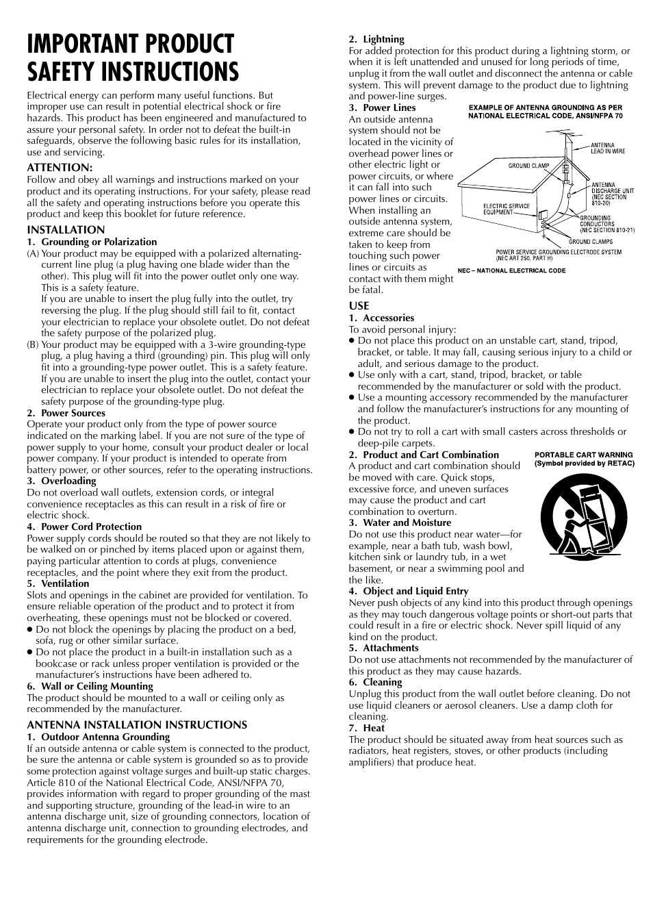 Important product safety instructions | JVC HR-J695U User Manual | Page 2 / 16