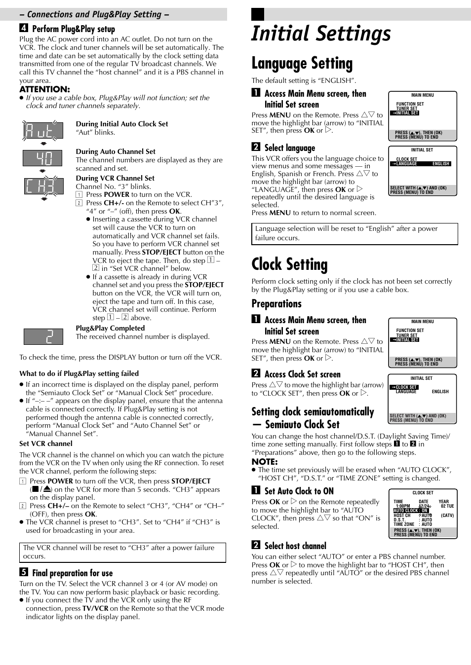 Initial settings, Language setting, Clock setting | Preparations a, Perform plug&play setup, Final preparation for use, Access main menu screen, then initial set screen, Select language, Access clock set screen, Set auto clock to on | JVC HR-J695U User Manual | Page 6 / 16
