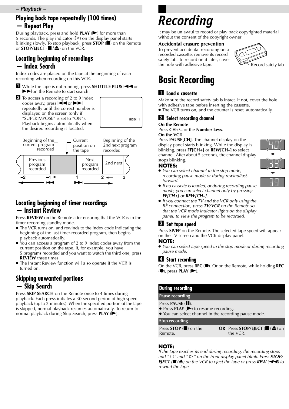 Recording, Basic recording, Locating beginning of recordings — index search | Skipping unwanted portions — skip search | JVC HR-J695U User Manual | Page 9 / 16