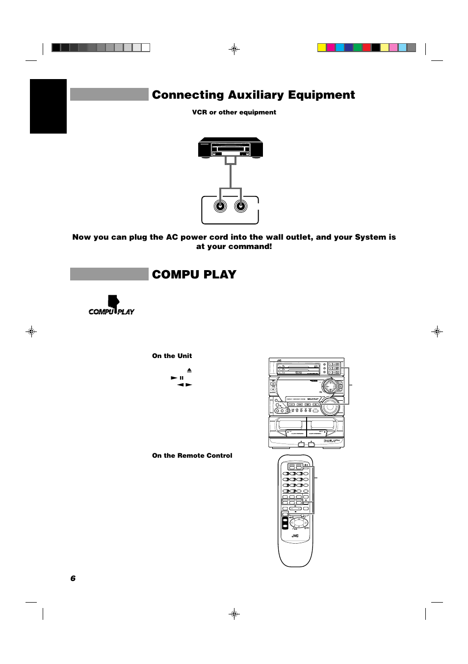 Compu play, Connecting auxiliary equipment, 6english | Disc, Disc program /random repeat edit, On the unit, On the remote control, Aux vcr or other equipment, Compu play buttons | JVC CA-D702T User Manual | Page 10 / 49