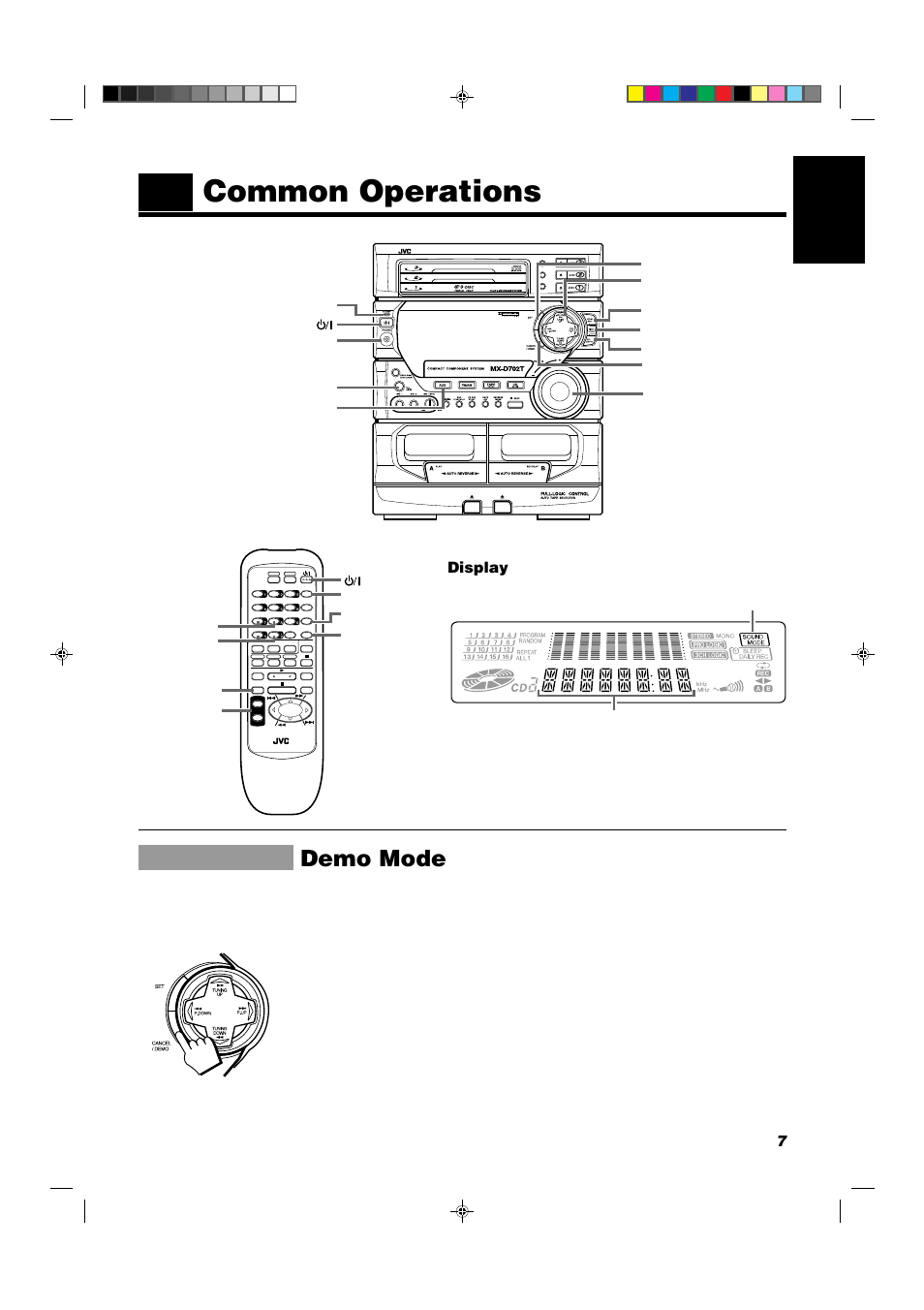 Common operations, Demo mode, 7english | Display, S.a. bass volume standby indicator aux phones | JVC CA-D702T User Manual | Page 11 / 49