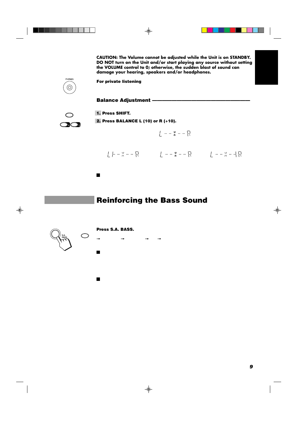 Reinforcing the bass sound, 9english, Balance adjustment | JVC CA-D702T User Manual | Page 13 / 49